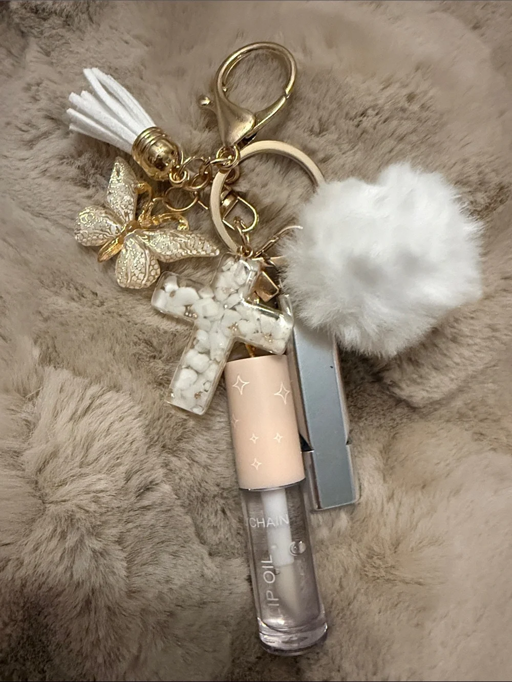 Keychain- Gold-Tone Butterfly & Marble Cross Keychain Charm with Pom Pom
